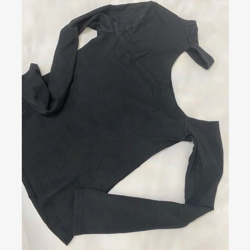 Black Off One Shoulder Asymmetrical Slim Fit Shirt Top Mock Neck - Picture 12 of 13